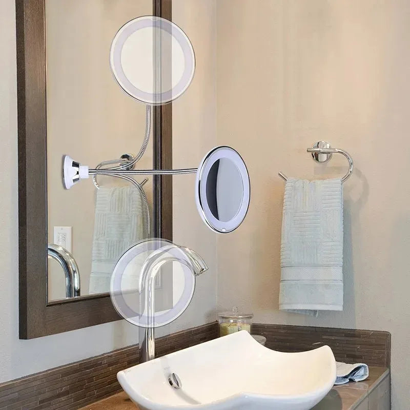 LED Makeup Mirror with 10X Magnifier & Flexible Gooseneck – Suction Cup, Diffused Light, 360° Rotation for Bathroom & Vanity