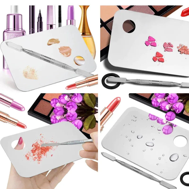 Stainless Steel Makeup Mixing Palette with Foundatio Spatula for Watercolor Paints Eye Shadow Sticks Makeup Cosmetic Beauty Tool