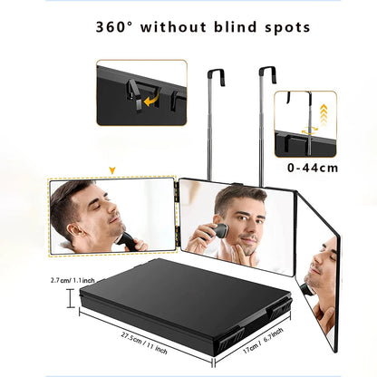 Black Portable 360 Mirror with Height Adjustable Telescoping Hooks Ideal for Self Hair Cutting Makeup Essential Fordable