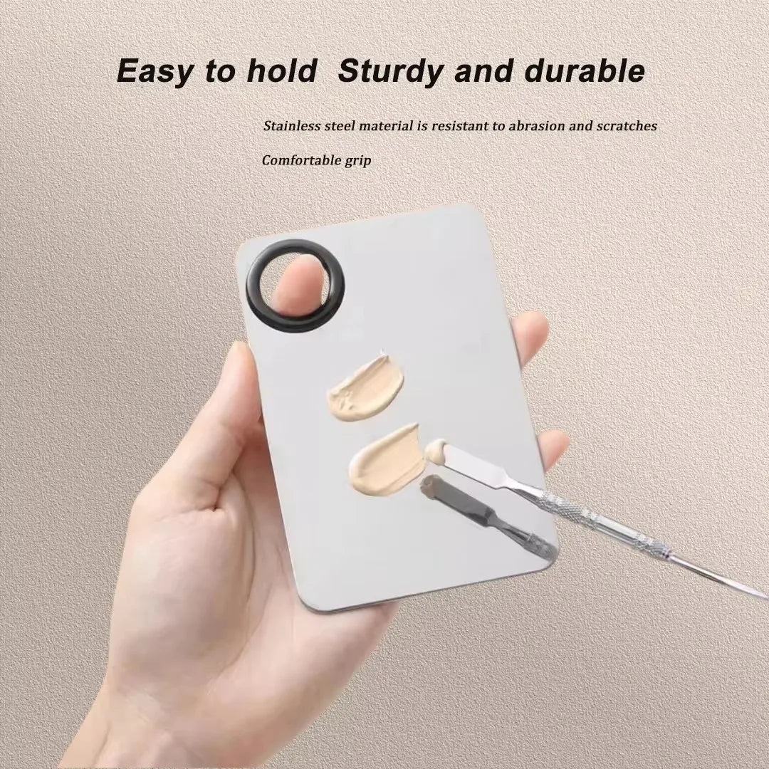 Paleta de mezcla de maquillaje, bandeja mezcladora de Metal de acero inoxidable mejorada con espátula, herramienta de artista pa