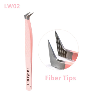 GEMERRY 1 PC Eyelash Tweezers With Fiber Tips Pink Professional Steel High Precision for Volume Fans Lashes Extensions Makeup