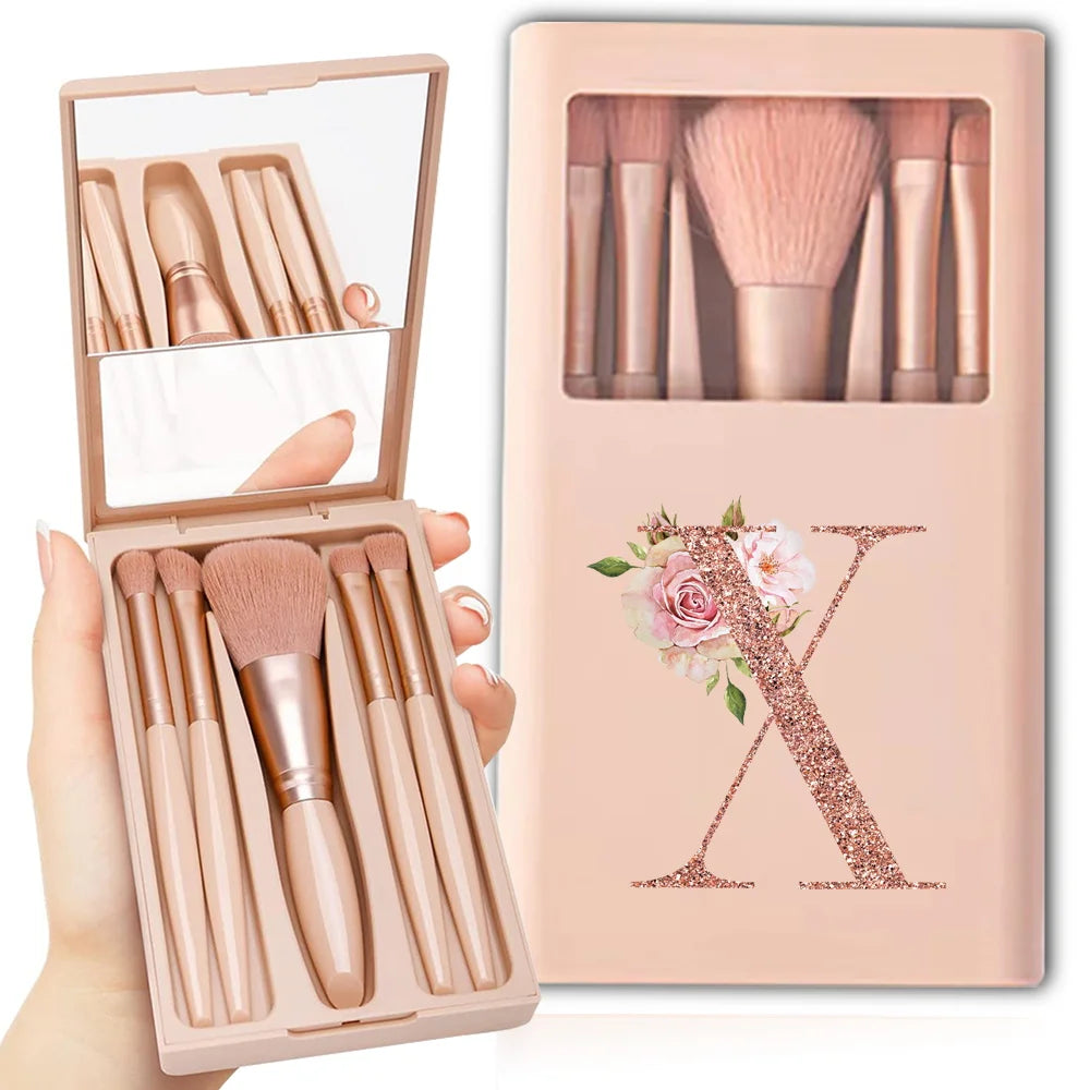 5pcs Cosmetic Brush Kit With Mirror And Case Foldable Box Storage Makeup Brush Set Portable Beauty Tool Rose Gold Letter Pattern