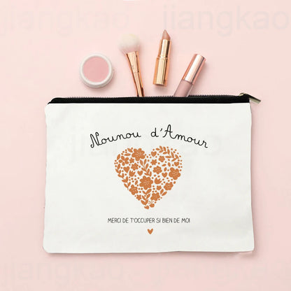 Thank You for Caring for Me As A Nanny French Print Cosmetic Bag Travel Toiletry Organizer Bags Women Makeup Bag Gift for Nounou