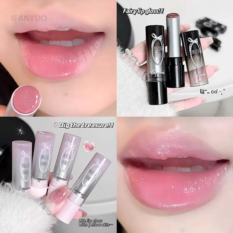 Caramel Brown Solid Lip Gloss Moisturizing Lace Bow Mirror Glass Jelly Lipstick Non Stick Cup Water Light Plump Lip Tint Makeup
