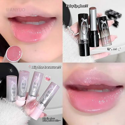 Caramel Brown Solid Lip Gloss Moisturizing Lace Bow Mirror Glass Jelly Lipstick Non Stick Cup Water Light Plump Lip Tint Makeup