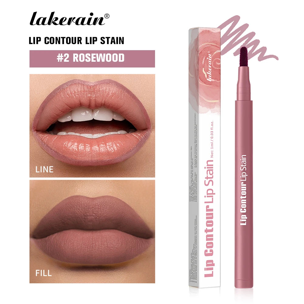 2-in-1 Lip Contour Lip Stain Pen Smudge-proof Non-stick Cup Moisturizing Lip Makeup Cosmetic Dual-Sided Tip Lip Stain & Liner