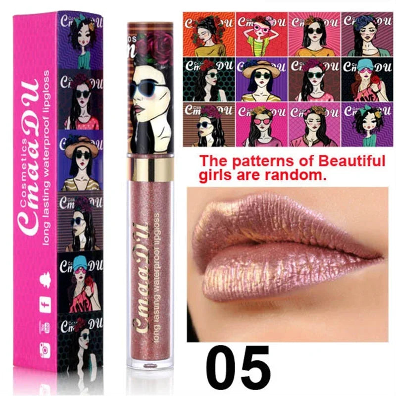 Cmaadu shimmer lip gloss beauty girl diamond glitter lip tint waterproof long lasting 12 color gold flash liquid lipstick makeup