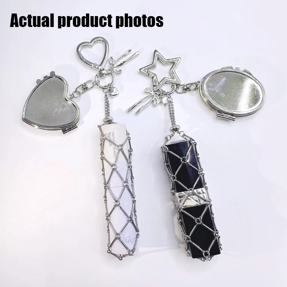 New Metal Net Pocket Lipstick Bag Keychain Portable Makeup Pouch Lip Balm Bag Key Chain Holder Lipsticks Protective Cover Mirror