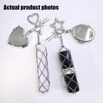 New Metal Net Pocket Lipstick Bag Keychain Portable Makeup Pouch Lip Balm Bag Key Chain Holder Lipsticks Protective Cover Mirror