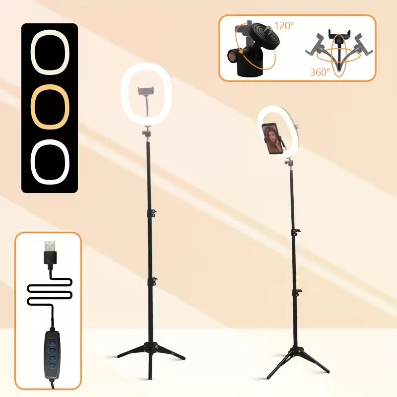 10-Inch LED Ring Light Foldable with 1.1m Tripod Stand +O-Clamp,3 adjustable lighting modes for Photography, Live Stream, Makeup