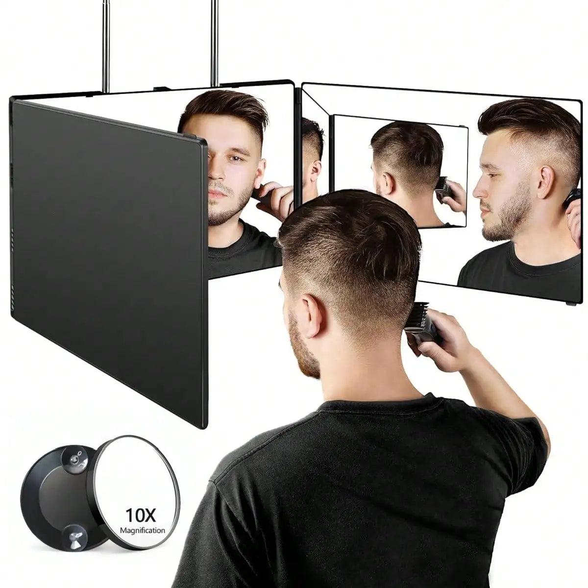 3 Way Mirror For Hair Cutting, 360 Trifold With Height Adjustable Telescoping Hooks For Makeup And Braiding
