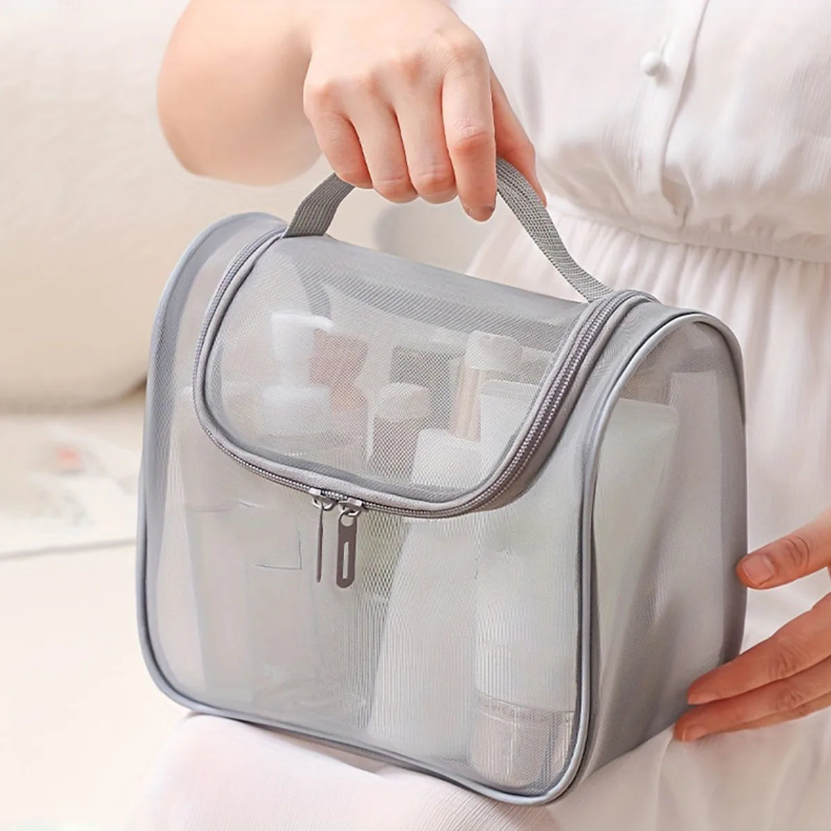 New multi-functional toiletries bag curved nylon mesh portable makeup bag women's large capacity cosmetics storage bag