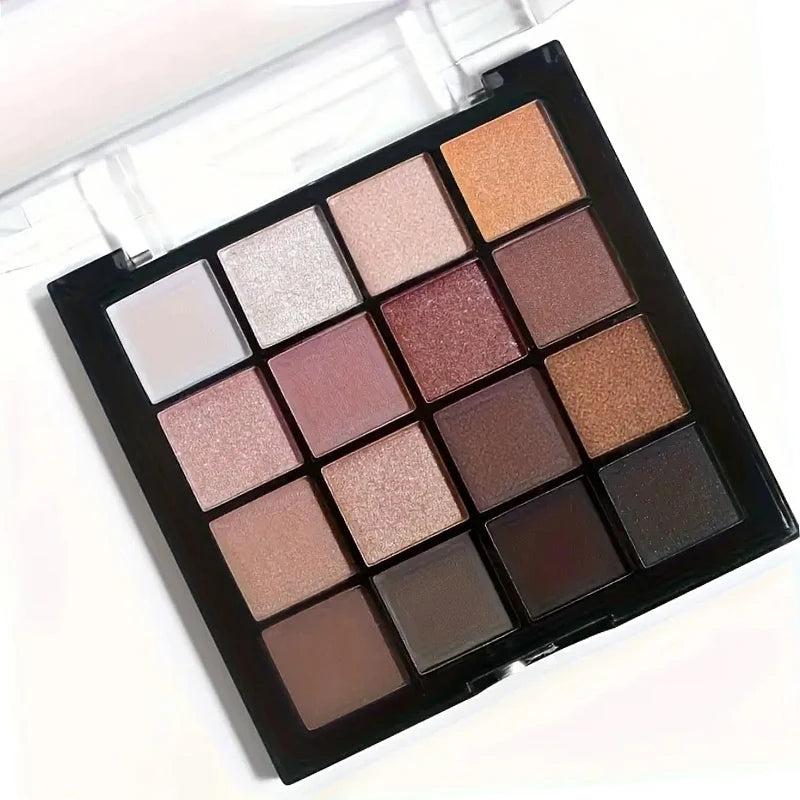 16-Color Eyeshadow Palette, Matte and Shimmering - Neutral Gray and Brown Earth Tones, Coffee and Chocolate-Style Shades, Creating a Versatile, Natural to Dramatic Makeup Look