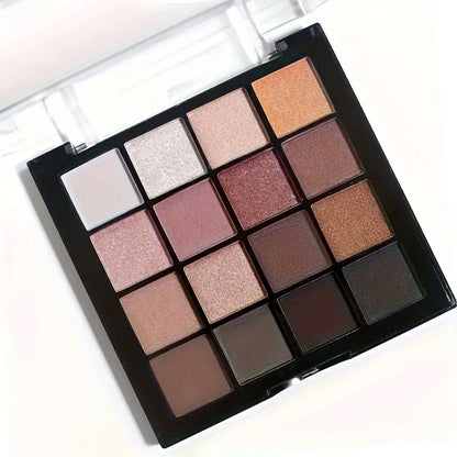 16-Color Eyeshadow Palette, Matte and Shimmering - Neutral Gray and Brown Earth Tones, Coffee and Chocolate-Style Shades, Creating a Versatile, Natural to Dramatic Makeup Look