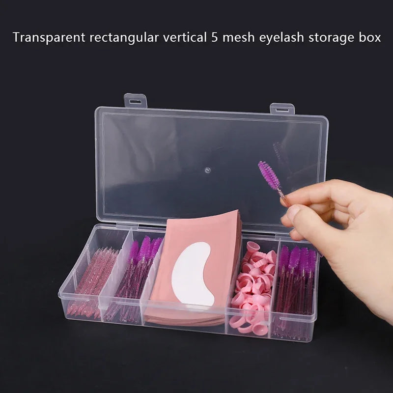 Transparent Rectangular With Lid 5-Grid Vertical Eyelash Extension Tool Organizer - Glue Tweezer Holder Makeup Storage Box