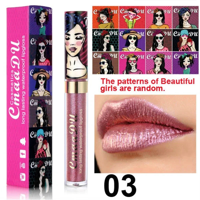 Cmaadu shimmer lip gloss beauty girl diamond glitter lip tint waterproof long lasting 12 color gold flash liquid lipstick makeup
