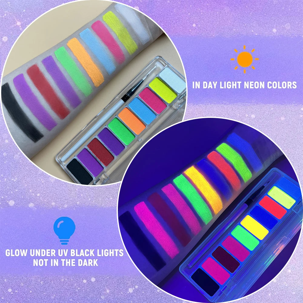 UV Luminated Black Light Body Paint Set with Brush,10 Colors Water-Soluble Paste Fluorescent Neon Oil Face Body Art Paint Makeup