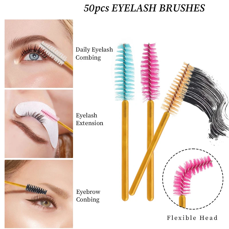 50Pcs Disposable Eyelash Makeup Brush Mascara Wands Gold Mini Eye Lash Brushes Short Eyebrow Comb Eyelashes Extension Tool
