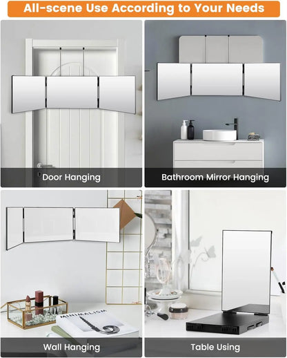360 Trifold Mirror Portable with Height Adjustable Telescoping Hooks Ideal for Self Hair Cutting Makeup Essential Fordable