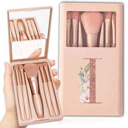 5pcs Cosmetic Brush Kit With Mirror And Case Foldable Box Storage Makeup Brush Set Portable Beauty Tool Rose Gold Letter Pattern