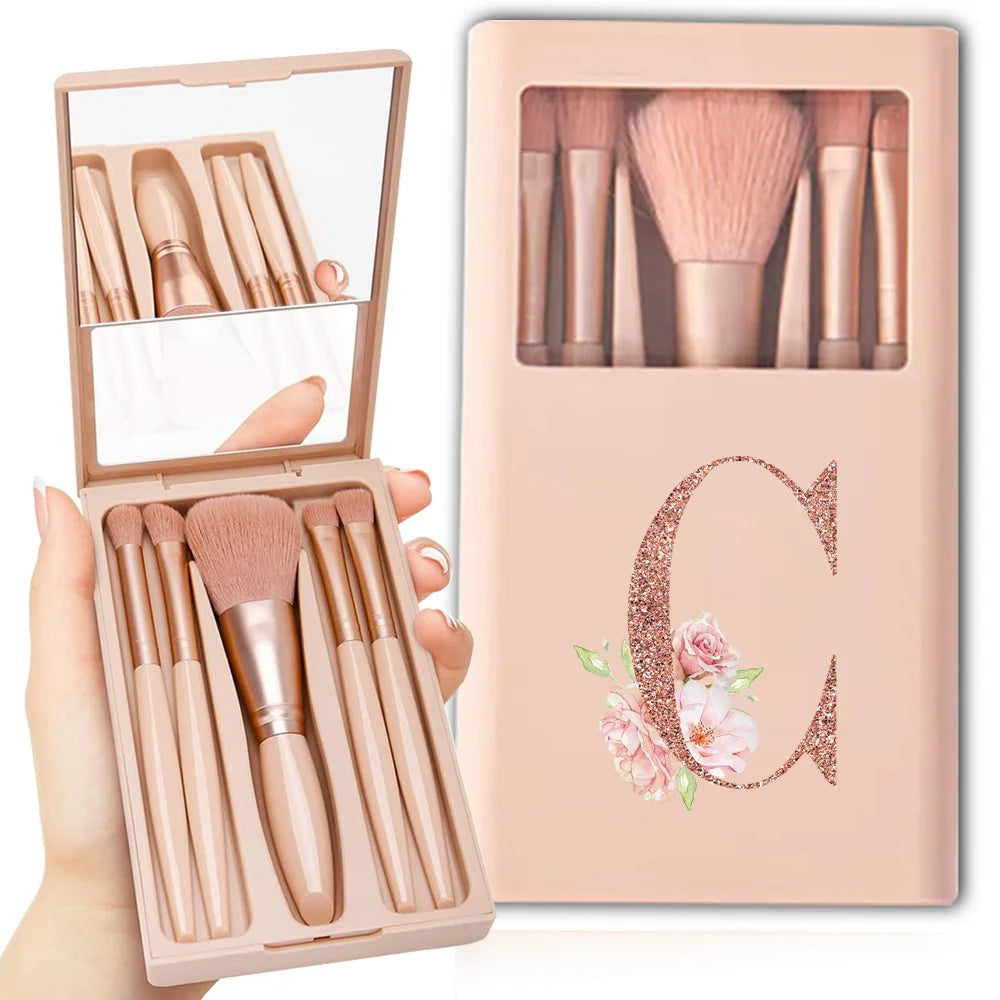 5pcs Cosmetic Brush Kit With Mirror And Case Foldable Box Storage Makeup Brush Set Portable Beauty Tool Rose Gold Letter Pattern