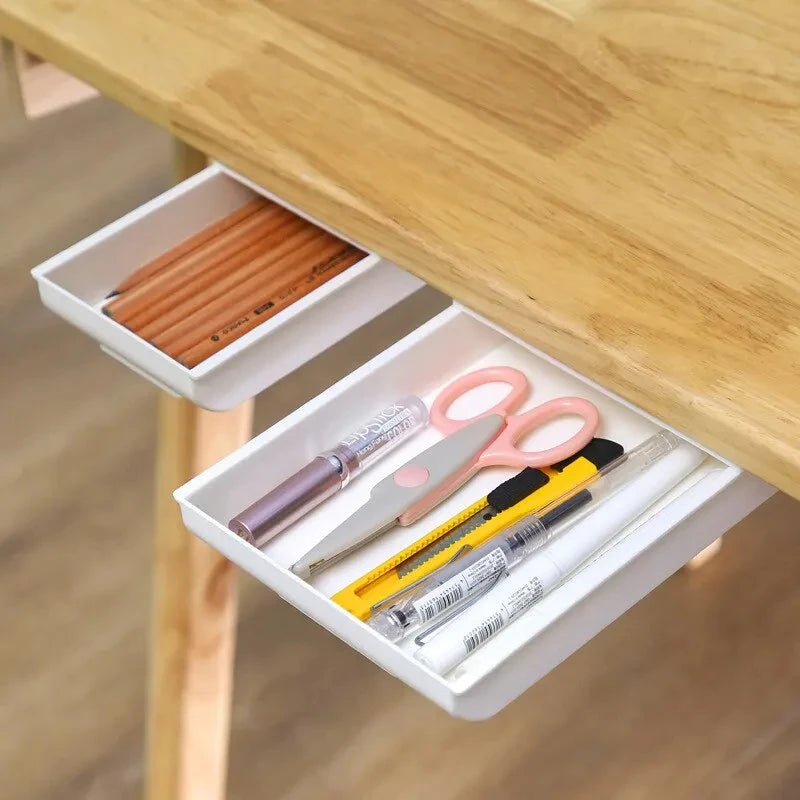 2pc White SelfAdhesive Storage Drawer Box Makeup Pencil Tray Desk Hidden Under Desk Stand Self-adhesive Under-drawer Storage Box