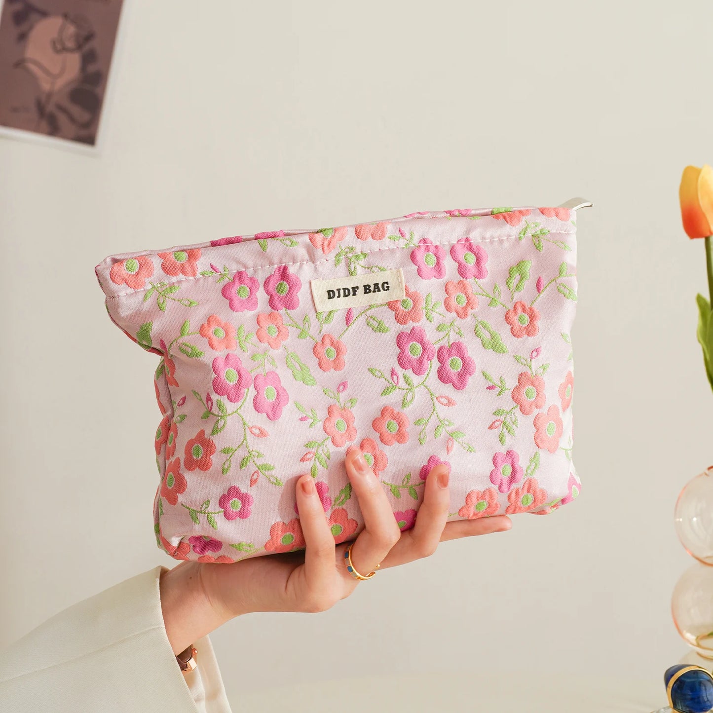 White Embroidery Daisy Women's Makeup Bag Portable Coin Purse Key Case Cosmetics Lipstick Storage Bag Commuter Liner Bag Ins