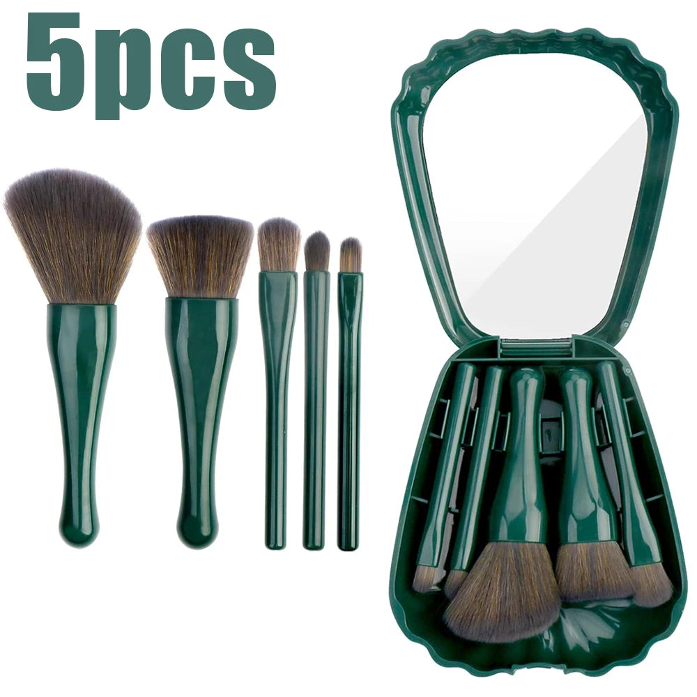 Mini Makeup Brush Set with Mirror Portable Makeup Brush Set, Shell Portable Travel Makeup Brush Set 5 Sizes Brush Mini Complete