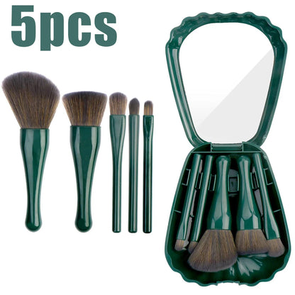 Mini Makeup Brush Set with Mirror Portable Makeup Brush Set, Shell Portable Travel Makeup Brush Set 5 Sizes Brush Mini Complete