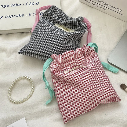 New Plaid Storage Drawstring Bag Women Cosmetics Lipstick Storage Pouch Cute Makeup Bag Christmas Gift Candy Jewelry Organizer