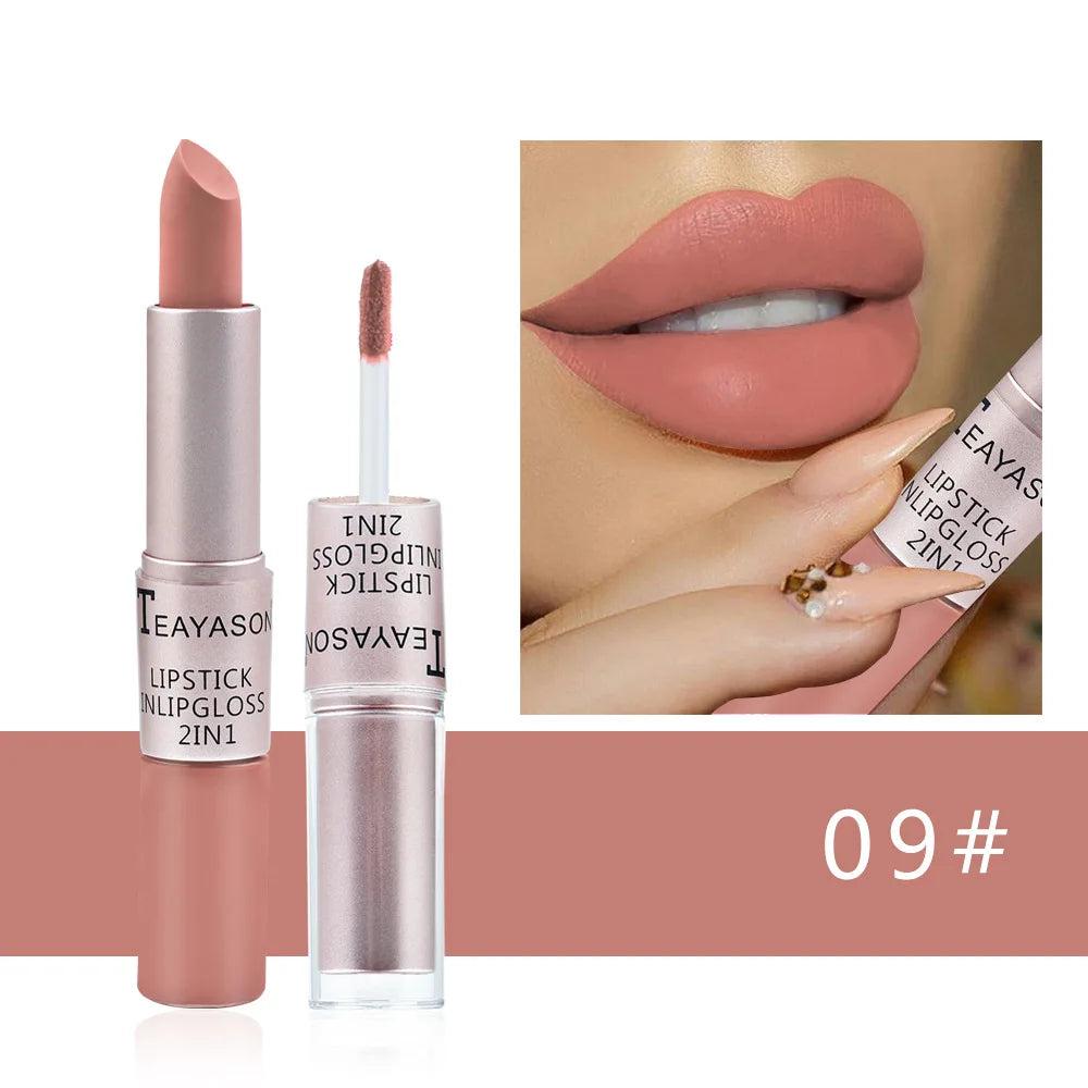 1Pc Long Lasting Velvet Matte Lipstick Double Head Lip Gloss Non-stick Cup Lip Gloss Waterproof 2 in 1 Matte Red Lipstick Makeup