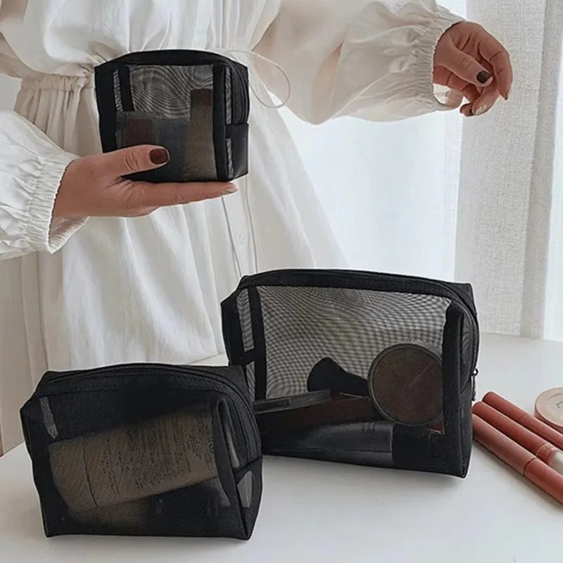 3pcs Mesh Clear Cosmetic Bags S/M/L Size Black Makeup Bag Portable Outdoors Travel Organizer Case Lipstick Storage Pouch Gifts