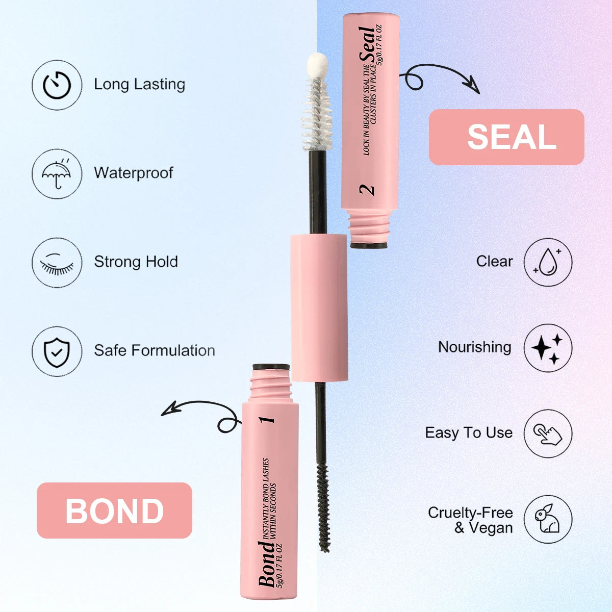 Eyelash Bond and Seal for DIY Lash Clusters Long Lasting Lash Glue Hold 48-72 Hours Waterproof Mascara Wand Makeup
