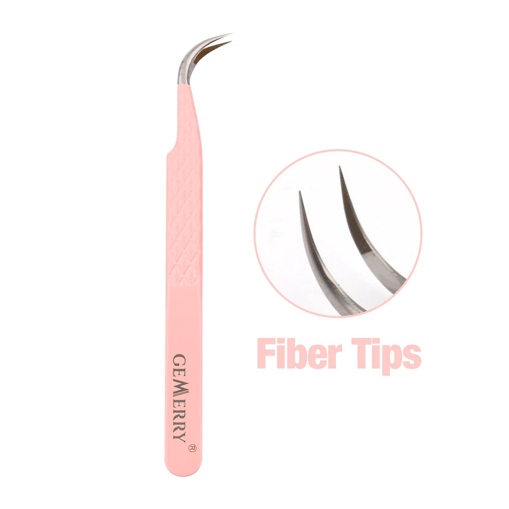 GEMERRY 1 PC Eyelash Tweezers With Fiber Tips Pink Professional Steel High Precision for Volume Fans Lashes Extensions Makeup