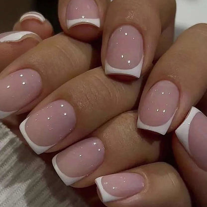 24pcs Short-Style Square-Toed Sweet Pink Adorable Provocative White French-Style Fashionable Multi-Purpose Classic Press