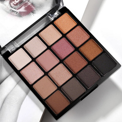 16-Color Eyeshadow Palette, Matte and Shimmering - Neutral Gray and Brown Earth Tones, Coffee and Chocolate-Style Shades, Creating a Versatile, Natural to Dramatic Makeup Look