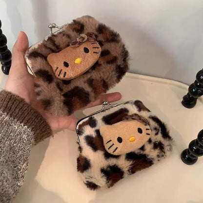 Cute Fresh and Sweet Kitty Leopard Print Coin Purse Plush Carry Bluetooth Headphone Bag KT Cat Makeup Bag Storage Bag