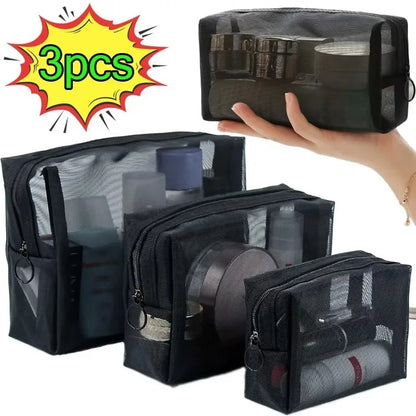 3pcs Mesh Clear Cosmetic Bags S/M/L Size Black Makeup Bag Portable Outdoors Travel Organizer Case Lipstick Storage Pouch Gifts