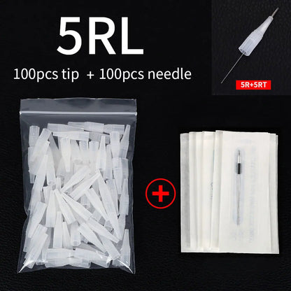 100PCS 1R 3R 5R 5F 7F Tattoo Needles+100Pcs Needle Cap Tips Disposable Microblading for Permanent Makeup Eyebrow Tattoo Machine