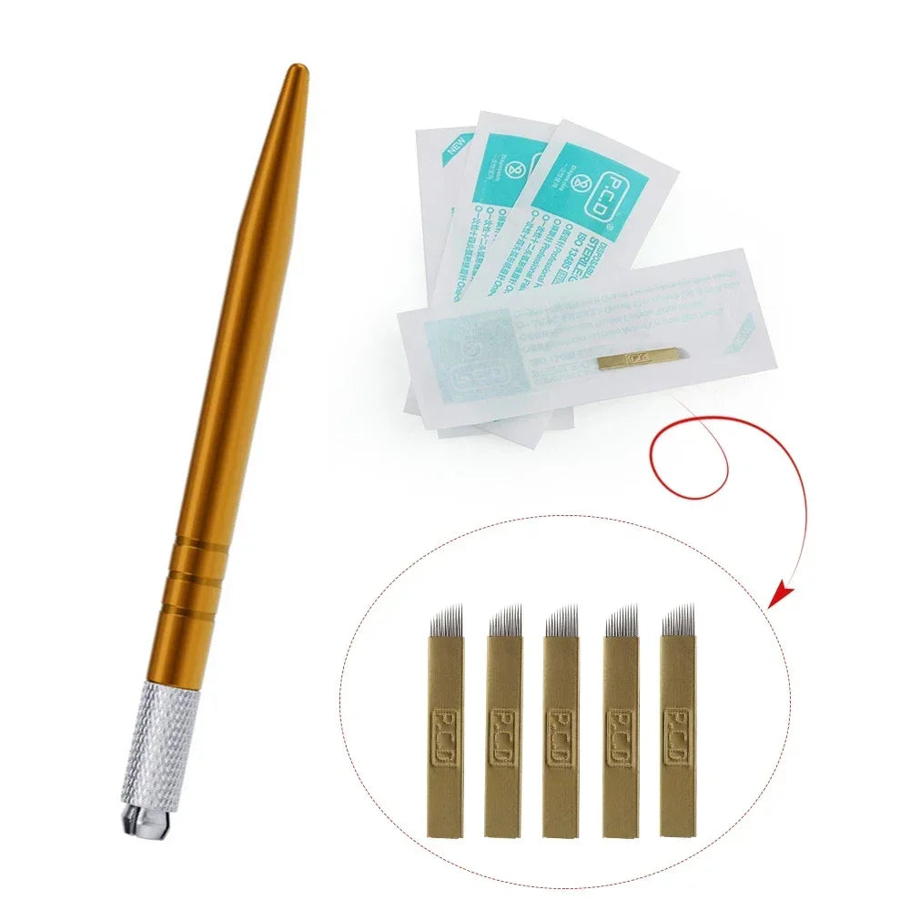 Golden Tebori 3D Tattoo Pen + 5 Pcs 12 Pins Microblading Tattoos Needles Permanent Makeup Manual Professional Eyebrow Tattoo Set
