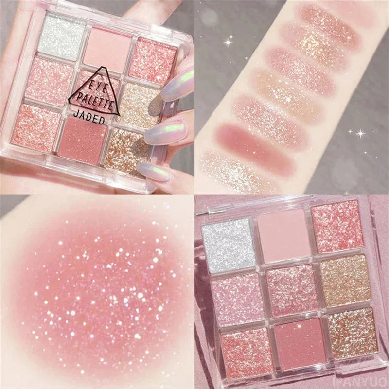 9-Color Glitter Eyeshadow Palette Pink Pearly Eyeshadow Palette Korean Charming Eye Makeup Palette Shiny Eye Shadow Eye Pigments