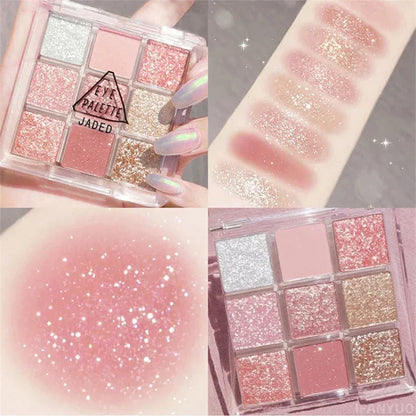 9-Color Glitter Eyeshadow Palette Pink Pearly Eyeshadow Palette Korean Charming Eye Makeup Palette Shiny Eye Shadow Eye Pigments