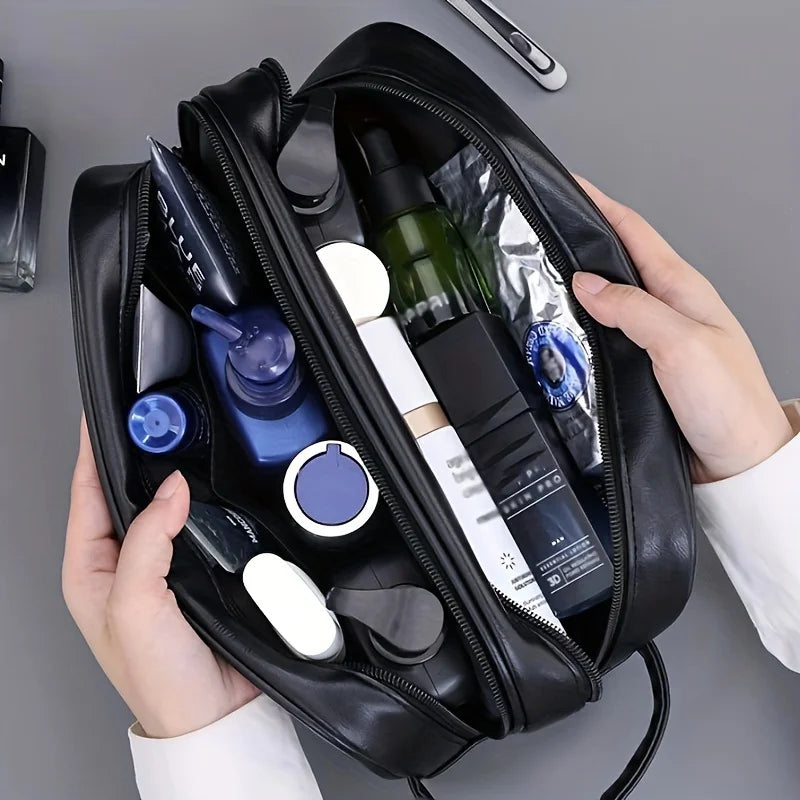 2025 Portable Double-layer Toiletry Bag for Men and Women Sports Business Travel PU Leather Casual Handbag Waterproof Makeup Bag