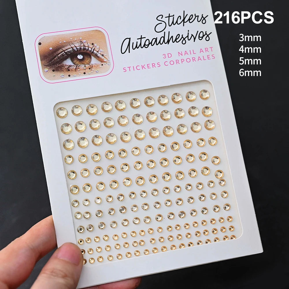 132/162/216/900pcs Coorful Diamonds Tattoos Stickers 3/4/5/6mm Face Rhinestones Tattoo for Party Body/Eye Makeup Gem Accessories