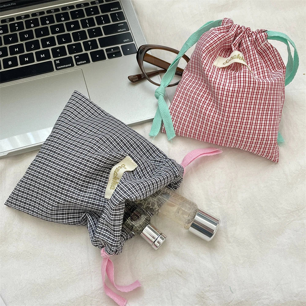New Plaid Storage Drawstring Bag Women Cosmetics Lipstick Storage Pouch Cute Makeup Bag Christmas Gift Candy Jewelry Organizer