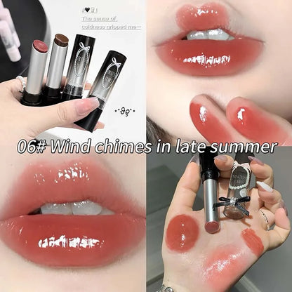 Caramel Brown Solid Lip Gloss Moisturizing Lace Bow Mirror Glass Jelly Lipstick Non Stick Cup Water Light Plump Lip Tint Makeup
