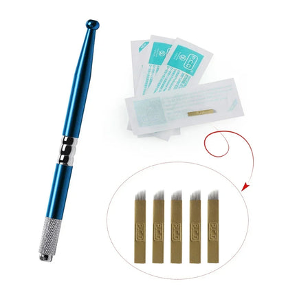 Golden Tebori 3D Tattoo Pen + 5 Pcs 12 Pins Microblading Tattoos Needles Permanent Makeup Manual Professional Eyebrow Tattoo Set