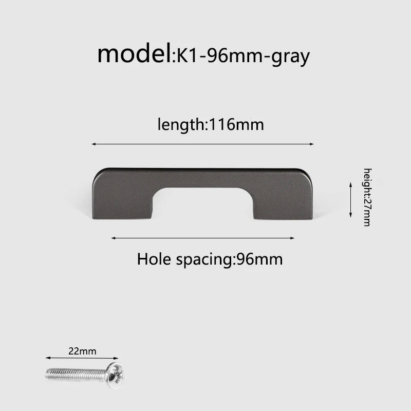 Aluminum alloy cabinet handle, gray wardrobe handle, makeup table handle, 96mm/128mm storage room cabinet handle