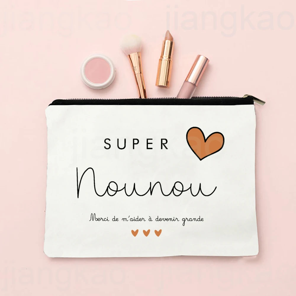 Thank You for Caring for Me As A Nanny French Print Cosmetic Bag Travel Toiletry Organizer Bags Women Makeup Bag Gift for Nounou