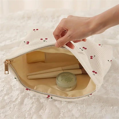 Hand Painted Cherry Corduroy Drawstring Makeup Bag Lightweight Travel Toiletry Pouch Bohemian Style Cosmetic Organizer
